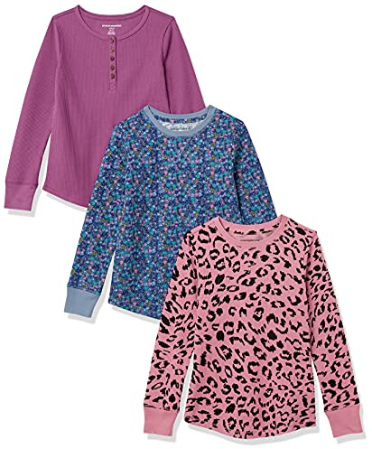 Amazon Essentials Girls' Long-Sleeved Knitted Thermal T-Shirt, Pack of 3, Purple/Animal, 6-7 Years