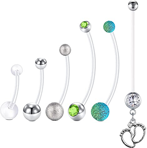 LAURITAMI 6Pieza Piercing Ombligo Embarazo Maternidad Acrílico Bioflex 14G Largo Mancuernas Pies del Bebé Cuelgan CZ Anticipo Piercing Cuerpo Joyería 14mm 18mm 25mm 32mm