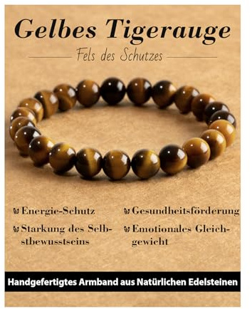 Landorilo Pulsera Artesanal de Cristal Natural de 8 mm con Piedras Preciosas Curativas, Apta para Mujer y Hombre. Pulseras Energética para Yoga, Perfecta como Regalo Festivo(Ojo de Tigre Amarillo)