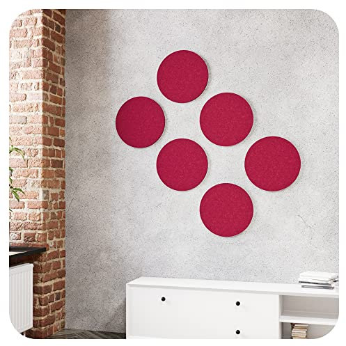 vilz Pack of 6 Acoustic Panels, Soundproofing Felt for Ceiling, Dartboard, Sound Insulation, Wall, Acoustic Picture, Made of Recycled PET Sound Absorption Plates, Diameter 275 x 12 mm, Ruby Red