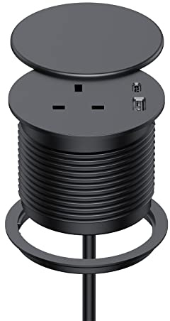 Recessed Power Socket with USB C, Haylink Desk Grommet Socket with Cover, 1 UK Plug, 2 USB Ports,1.5M Cable, 80mm Cutout, Power Grommet for Office Desk, Home Study, Black