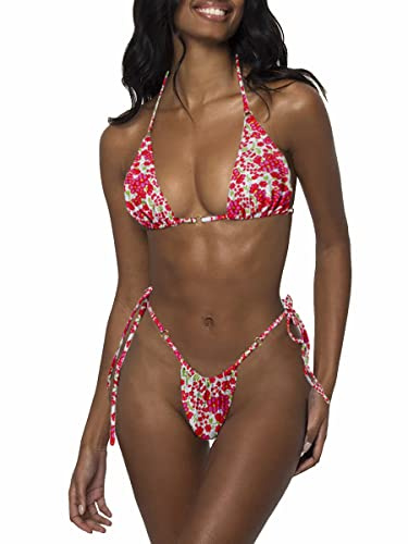 LUNNTE Damen Bikini Set Sexy Tanga String Bikini Badeanzüg Zweiteiliger Triangel mit Ring Badebekleidun Verstellbare Bademode Unterteil Seitlicher Schnürung