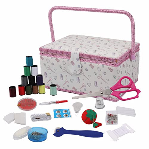 Nähkorb, klassisches Stoff-Design, Nähset, Zubehör, großes Nähkästchen, Nähzubehör, Organizer und Aufbewahrung, tragbares Nähset, Stickbox, 31 x 23 x 17 cm (groß/geschnittenes Thema, weiß)