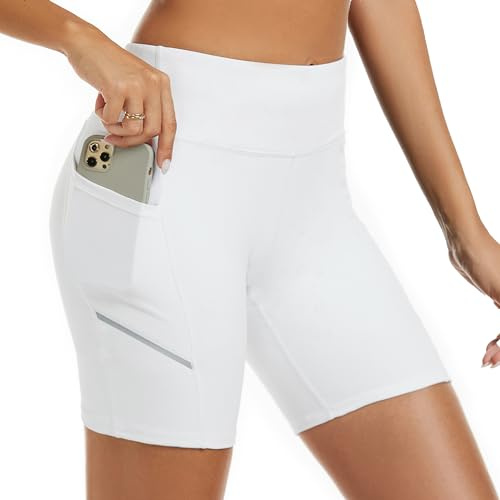 adorence Pantaloncini Sportivi Donna Leggins Corti Ciclista Running Yoga Palestra con Due Tasche Vita Alta Push Up-Bianco,L