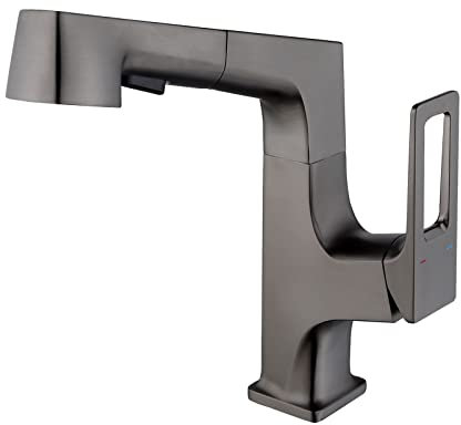 Waschtischarmatur Ausziehbar mit Brause Wasserhahn Bad Messing Einloch Wasser Kalt und Heiß Badarmatur-Grau