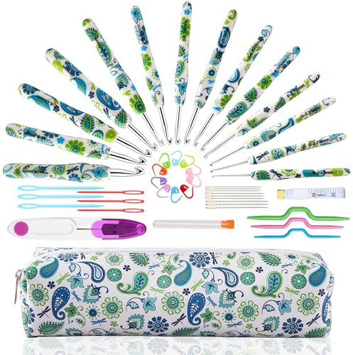 Häkelnadeln Set, 14 Größen 2.25mm(B)-10mm(N) Ergonomischer Griff für arthritische Hände, weicher Gummigriff Stricknadelset für Häkelanfänger, Strickbegeisterte (Grün)