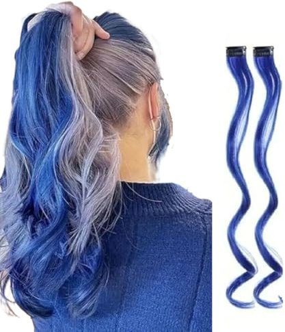 2 extension per capelli con clip, con striature, colorate (2 ciocche ricce blu scuro)