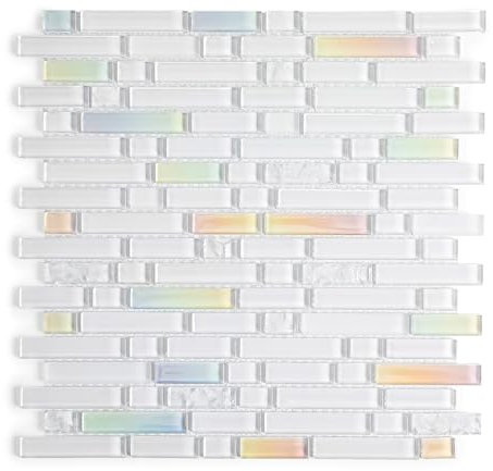 Soulscrafts Glasmosaikfliese, weiß, linear schillernd, Mosaikfliese, 30,5 x 30,5 cm, für Küche, Badezimmer, Wand, Box mit 5 Bögen
