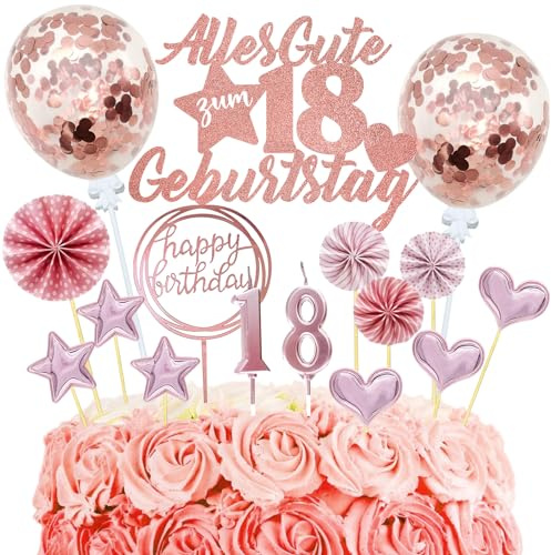 Tortendeko 18. Geburtstag Mädchen, 20 Stück Cake Topper, Glitzer Alles Gute zum 18. mit Geburtstagskerzen für Party Deko (Roségold)