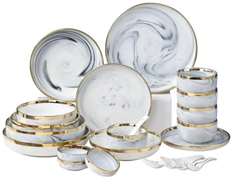 Service de table 26 pièces en céramique avec cuillères, ensemble de vaisselle en marbre gris avec bords dorés, convient pour une utilisation à la maison ou au bureau