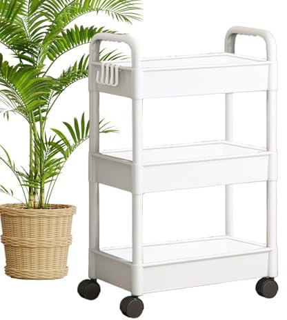 Generisch Rollwagen, Aufbewahrungsregal, Mehrzweckwagen, Aufbewahrungswagen mit Rollen, 3-stöckiges Rollregal, Snackwagen, Bücherwagen, beweglicher Aufbewahrungs-Organizer, Weiß, Metall