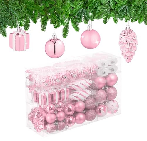 Relaxdays Palline di Natale, Set 72 Palle Natalizie Opache, Lucide, Glitterate, Pigne, Cuori, Regali, Plastica, Rosa, 24 x 38 x 12 cm