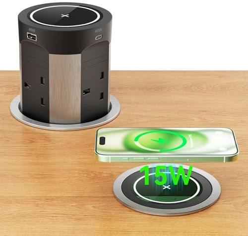 Pop Up Sockets for Kitchen Worktops USB C PD 75W with 15W Wireless Charging, Pop Up Plug Socket with 4 USB, Recessed Power Socket 4 UK Plug, Worktops Socket for Office and Home, Black