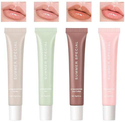 Summer Special 4Pcs Lip Butter Balm, Instant Lip Mask Hydrating and Nourishing Lip Gloss, not Sticky Perfect Shine Lip Care Oil, Moisture Lip Balm for Dry Lips