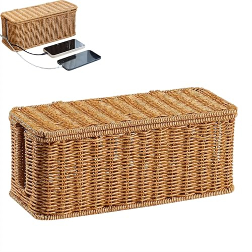 Cord Storage Basket,Charging Station Basket,Hand-Woven Narrow Woven Faux Wicker Baskets Charging Station,Under Desk Cable Management Box,Open Slots Cord Organizer Box