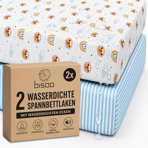 Bisoo Sabana Magica 40x80 Leones + Rayas Azules Cochecito Capazo y Moises | 2 en 1, Ahorra el Protector de Colchon, Impermeable, Transpirable, Suave Algodon Jersey Oeko-Tex