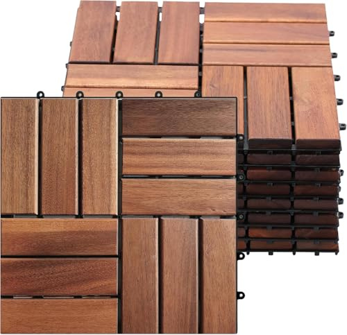 Arrowstone Pack of 9 Deck Tiles for Balcony, Poolside, Outdoor Area - Solid Acacia Waterproof Interlocking Deck Tiles - Patio/Outdoor Flooring (12 x 12 inches)