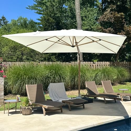 PURPLE LEAF Sonnenschirm Groß 300 x 300 cm Ampelschirm mit Kurbel 360° Drehbar und Neigbar Sonnenschirme Holzoptik Gartenschirm UV 50+ Schutz Wasserabweisend Quadratisch, Creme