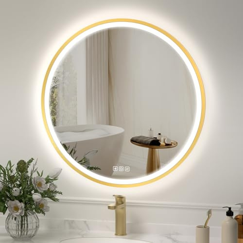 furduzz LED Badspiegel Rund mit Gold Aluminiumrahmen, 60cm Wandspiegel aus Sicherheitsglas mit Anti-Beschlag & 3-Farbiger Dimmbarer Beleuchtung für Modernes Badezimmer