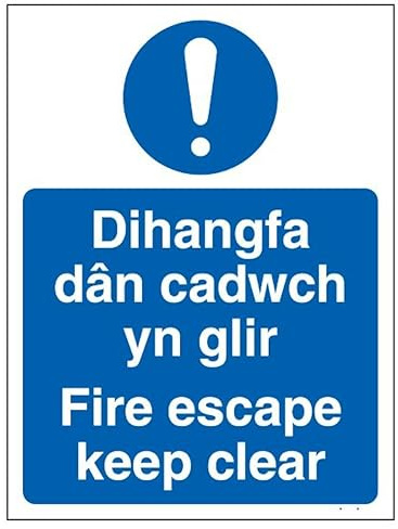 V Safety Walisisch/Englisch – Fire Escape Keep Clear Hinweisschild, 100 x 150 mm, 2 mm, superrobuster, starrer Kunststoff
