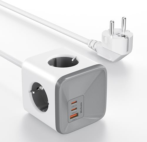 Hichain GaN 33W Rallonge Multiprise USB C et 4 Sortie AC et 3 Ports USB, Prise Multiple 4000W 16A, Parafoudre Surtension, 4 Prises, 2 Type-C, Rallonge Electrique 2M pour Maison, Bureau, Blanc