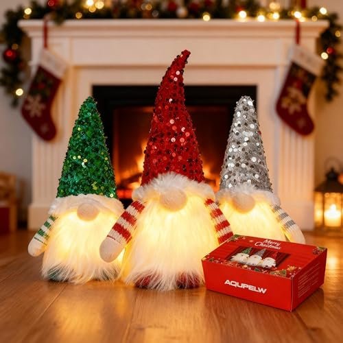 AQUPELW Weihnachtsdeko Wichtel mit Licht 3 Stück – LED Weihnachtswichtel Figuren aus Plüsch – Leuchtende Deko Wichtel mit Geschenkbox Set