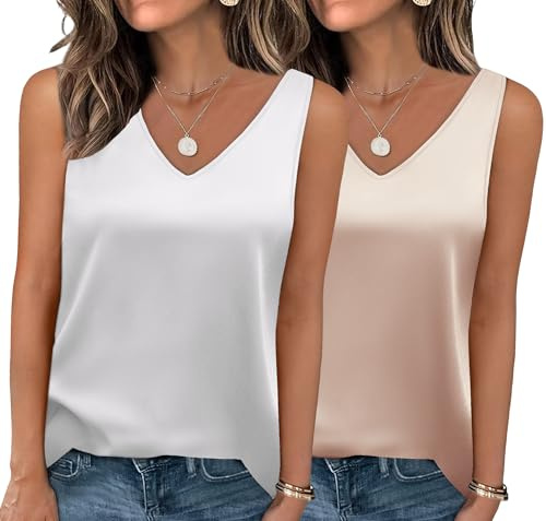 Zeagoo 2er Pack Damen Satin Top Elegant Seidentop Basic V-Ausschnitt Tank Tops Frauen Sommer Shirts Satinbluse Weiß und Champagner L