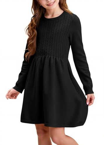 Haloumoning Vestido de jersey de manga larga para niña, vestido de punto con patrón trenzado, línea A, vestido informal para otoño, elegante, vestido de fiesta, vestido de invierno, Negro , 10-12