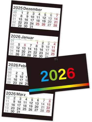 Calendrier mural 2026 4 mois - Noir - 90 x 31,5 cm - Grand format avec 4 blocs individuels perforés - Panneau arrière pliable - Pour bureau, salle de classe, chambre à coucher