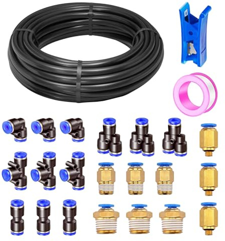 HUAZIZ 20 meter PolyuréthaneTuyau Pneumatique 6 mm Noir PU Tuyau Air, avec 21 Connecteur Pneumatique 4 mm (3 Droits, 3 Coudes, 3 Raccords en T, 3 Séparateurs en Y, 9 Raccords Filetés Mâle)