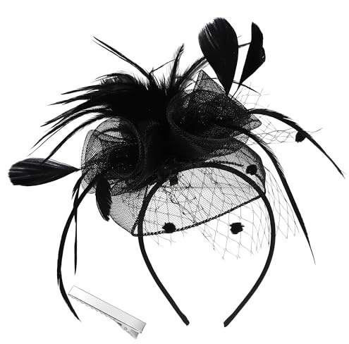 Dam fascinator hatt pannband blomnät med fjädrar teparty huvudbonader klämmor med pärlor brud flickor (en storlek, svart)