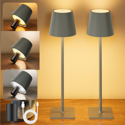 YICAIZI Lampada LED da Tavolo Senza Fili 2 Pezzi Lampade da Tavolo Batteria Ricaricabile Dimmerabili con USB-C e Tappo per Bottiglia per Salotto, Ufficio, Camera da Letto, All'aperto, Grigio