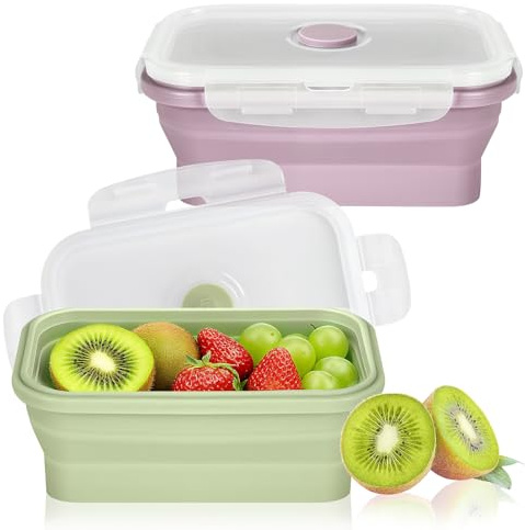 Ouxayapl 2 Pezzi Lunchbox Pieghabile, 550ML Contenitori Pieghabili con Coperchio, Bento Box Portapranzo, Set Contenitori per Alimenti in Silicone, Adatti per Microonde e Congelatore (Verde, Rosa)