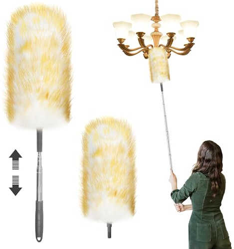 Lammwolle Staubwedel Teleskop Waschbar 130cnm Staubwedel Lang Ausziehbar Feather Duster für Decken und Empfindliche Oberflächen, Privat, Büro, Auto, mit Ersatz-Staubwedelkopf