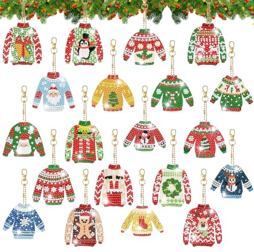 20 Stück Diamond Painting Weihnachten Anhänger, 5D DIY Diamant Malerei Schlüsselanhänger, Doppelseitige Weihnachten Diamant Malerei Schlüsselbund für Weihnachtsbaum Fenster Hängend Winter Dekor