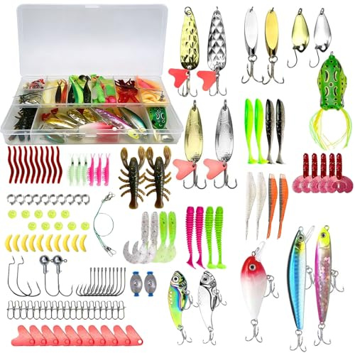 131 PCS Angeln Köder Set mit Köderbox –Weichköder, Spinner, Einzelhaken, Blinker, VIBs, Jigköpfe und Zubehör, geeignet für das Angeln auf Zander, Forelle, Barsch und Hecht im Süß- und Salzwasser