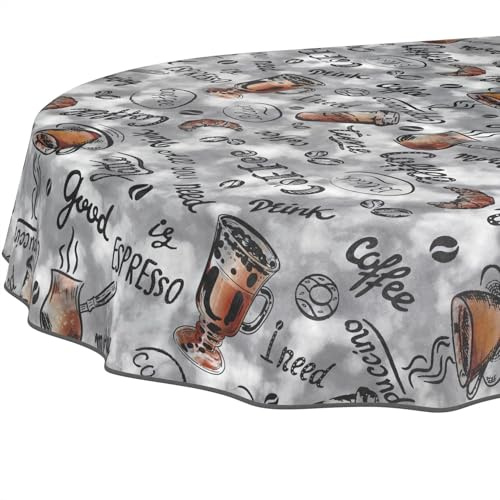 Wachstuchtischdecke Tischdecke abwaschbar Wachstischdecke pflegeleicht wasserabweisend Lotuseffekt Gartentischdecke Coffee Kaffee Oval 200 x 140 cm mit Saum (Eingefasst)