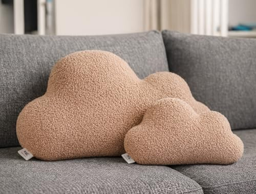BABEES DEKOKISSEN Boucle Kuschelkissen Wolke XXL GROß 55x35 cm, Flauschiges Deko Kissen Wolkenform Geschenk für Baby & Kinderzimmer Weihnachten Mädchen & Jungen Babyshower Beige Creme Braun