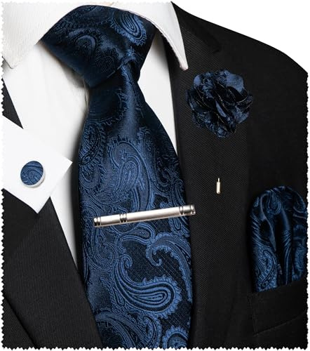 JEMYGINS Paisley Stickerei Design Krawatte Set Herren Einstecktuch Krawattenklammer Manschettenknöpfe Ansteckblume für Hochzeit Party Business Mehrfarbig