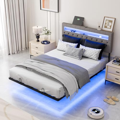 Bonnlo Polsterbett 140x200cm mit verstellbarem Kopfteil，Bettrahmen mit LED-Beleuchtung und Ladestation, Schwebebett mit Lattenrost, Leinenoptik Grau (ohne Matratze)
