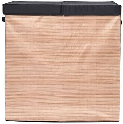 JE CHERCHE UNE Idee - RG0040 - Doppelte Wäschetruhe 58x35x58 cm aus Polyester - Perfekt zum Wäschesortieren - Elegantes Holzoptik-Design - Faltbar und Praktisch für Bad oder Schlafzimmer - Braun