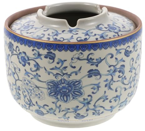 JECOMPRIS Cenicero de Cerámica Chino Profundo a Prueba de Viento con Tapa Embudo, Porcelana Azul para Decoración del Hogar y Oficina, Cenicero de Escritorio Resistente para Interiores
