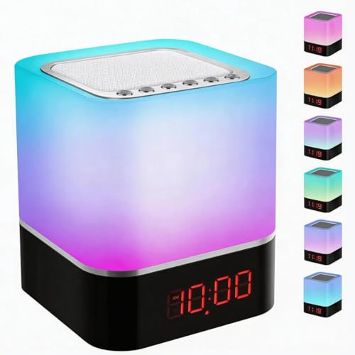 Jimhaby Alarm Clock Bedside Lamp with Bluetooth Speaker, Night Light Bedroom Decor Color Changing Table Lamp, Teenage Girl Gifts, Multi-Colour Digital Alarm Clock Birthday for Teenage