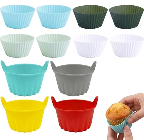 suction 12 PCS Silicone Cake Cases, Silicone Cupcake Cases, Baking Mould Set with 8 Colours and 4 Handled Cups, Reusable for Home Kitchen Use