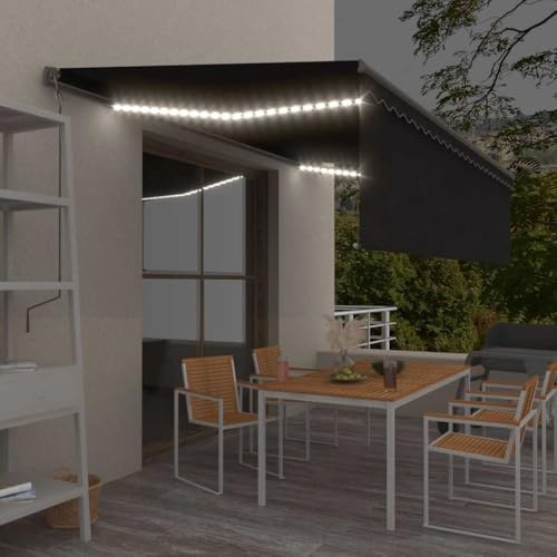KKHOMEI Elektrische Kassettenmarkise 5 x 3 m mit LED Windsensor Gelenkarmmarkise Markise mit manuell ausfahrbarem Volant, Automatisch Gelenkarmmarkise Terrassenmarkise