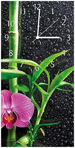 Wallario Design-Wanduhr Bambus und Pinke Orchidee auf schwarzem Glas mit Regentropfen aus Glas, Motiv-Uhr Größe 30 x 60 cm, weiße Zeiger