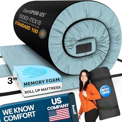 Hazli 3 Matrix AirCell Comfort-Cell Memory Foam Camping Mattress Pad - Roll Up Mattress for Adults - Portable Cot Sleeping Pad for Camping - Floor Mat or Bed Roll for Car, SUV - 64’’ x 26’’