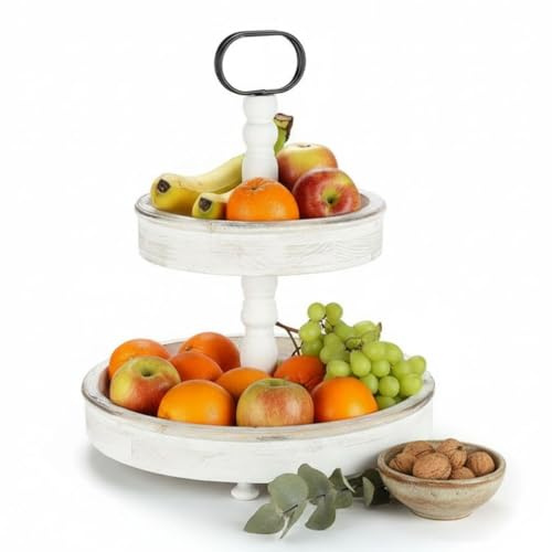 Melko Etagere Obstschale 2-stöckig 37x45 cm Servierständer Vintage Weiß | für Kuchen, Gebäck, Obst und Fingerfood, schnell aufgebaut und platzsparend zerlegbar, für Brunch, Kaffeetafel und Feste