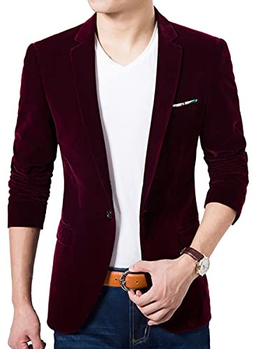 ORANDESIGNE Blazer Chaqueta de Traje para Hombre Diseño Ajustado con Un Botón Blazer de Terciopelo Elegante Formal para Bodas Negocios y Veladas C Vino Rojo L