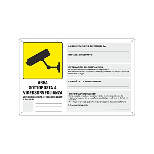 NEW CARTELLO SEGNALETICO - area sottoposta a videosorveglianza con spazio per l'inserimento dei dati relativi la privacy (PANNELLO IN ALLUMINIO 30X42 CM)